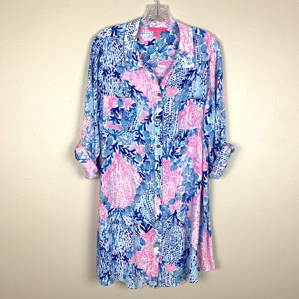 Lilly Pulitzer Natalie Shirt Dress Cover Up Size XL Sink or Swim Colorful Preppy